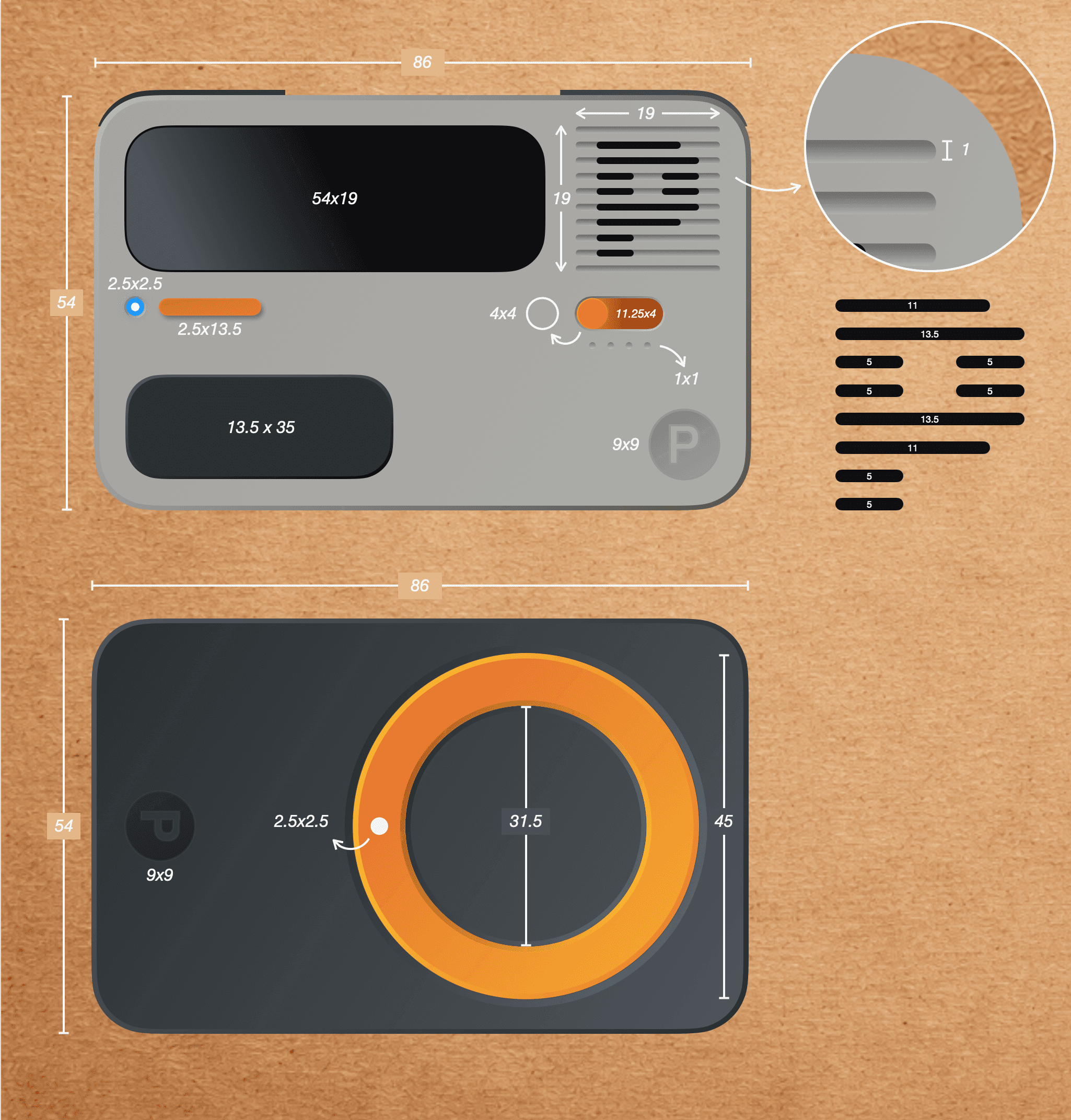 Pigeon 2D dimensioned sketches showing front and back views with component layout and MagSafe ring
